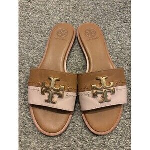 Tory Burch Everly Calf Leather Slide Size 6 Tan Pink Logo Sandals